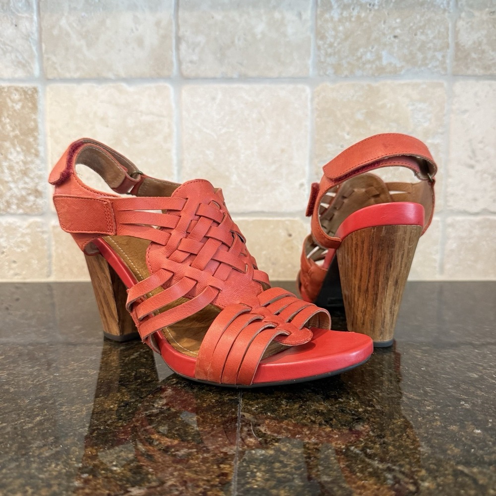 Clarks Strappy Red Leather Heeled Sandals